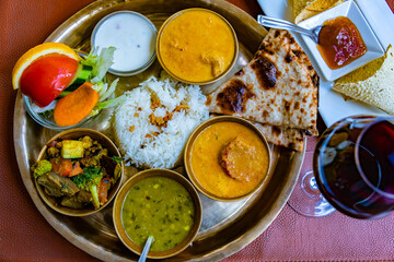 North Indian style vegetarian thali served in a restaurant