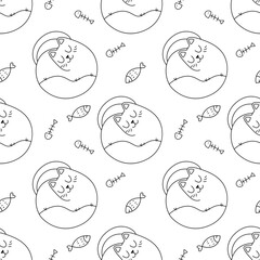 Coloring book. The cats are sleeping. Pattern with cute cartoon cats, funny children's print with pets. Vector illustration