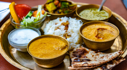 North Indian style vegetarian thali served in a restaurant
