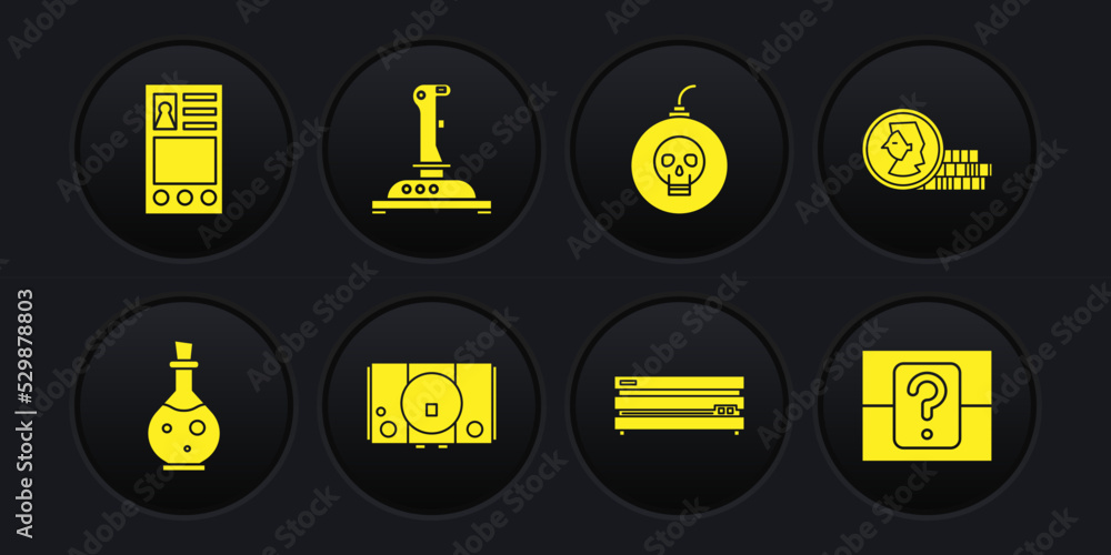 Aufkleber set bottle with magic elixir, coin for game, video console, bomb ready to explode, joystick arcade m