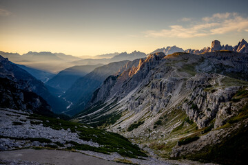 Rifugio Auronzo at sunrise Hiking trail to the Drei Zinnen Hütte in the Dolomites in South Tyrol, Italy.