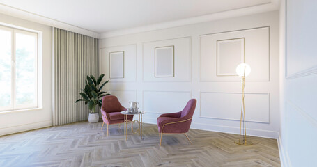Wnętrze domu, mock-up z białymi ścianami i ozdobnymi sztukateriami. Dębowa klasyczna podłoga. Sofa, fotele i rośliny ozdobne. 3d rendering - obrazy, fototapety, plakaty