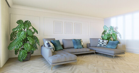Wnętrze domu, mock-up z białymi ścianami i ozdobnymi sztukateriami. Dębowa klasyczna podłoga. Sofa, fotele i rośliny ozdobne. 3d rendering