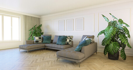 Wnętrze domu, mock-up z białymi ścianami i ozdobnymi sztukateriami. Dębowa klasyczna podłoga. Sofa, fotele i rośliny ozdobne. 3d rendering