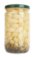 Jar of preserved small onions pickle. Healthy onion food in glass concept