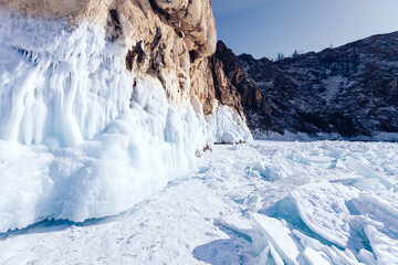 Fototapeta na wymiar Winter landscape ice of Lake Baikal Siberian