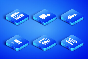 Set Meteorology thermometer, Coffee machine, Electric kettle, Flasher siren, Delivery cargo truck and Car icon. Vector