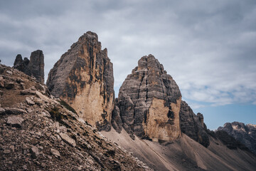 Dolomites mountain range of the Alps Hiking trail to the Drei Zinnen in the Dolomites in South Tyrol, Italy.