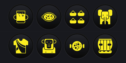 Set Indian man dress, Elephant, Monkey, Chicken tikka masala, spice, Kheer in bowl, Instrument tabla and Cup of tea and leaf icon. Vector