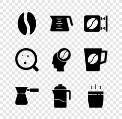 Set Coffee beans, pot, Street signboard coffee, turk, French press, cup, and Barista icon. Vector
