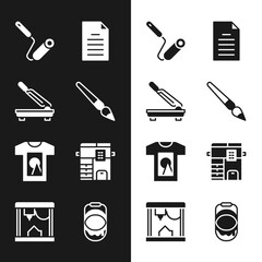 Set Paint brush, Paper cutter, roller, File document, T-shirt, Copy machine, bucket and 3D printer icon. Vector