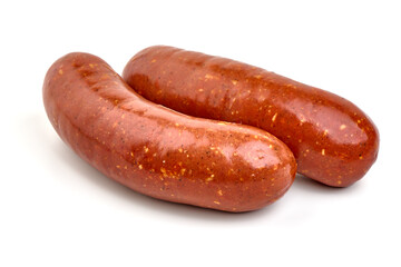Smoked sausages, isolated on white background.