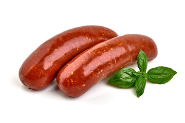 Smoked sausages, isolated on white background.