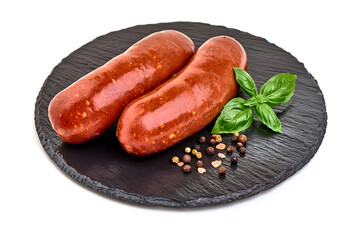 Smoked sausages, isolated on white background.