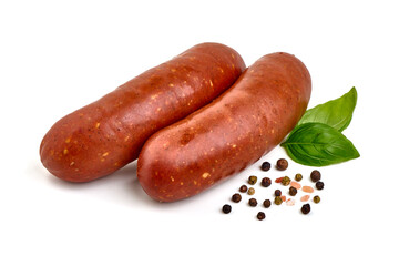 Smoked german sausages, isolated on white background.