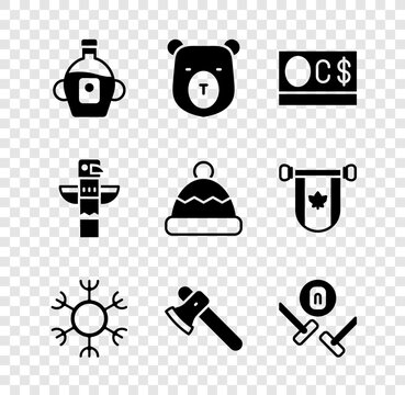 Set Maple syrup, Bear head, Canadian dollar, Snowflake, Wooden axe, Curling sport game, totem pole and Beanie hat icon. Vector