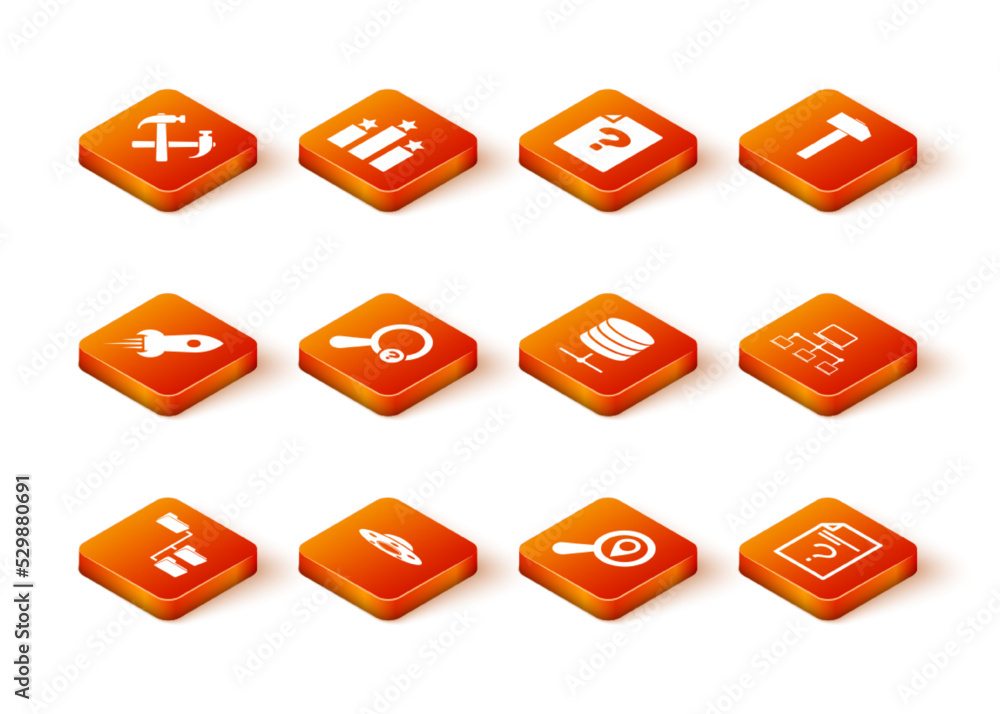 Poster set folder tree, ufo flying spaceship, rocket with fire, unknown search, search location and server,