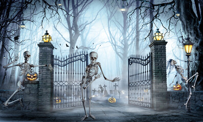 Halloween - Skeleton Inviting A Zombies Party In Cemetery