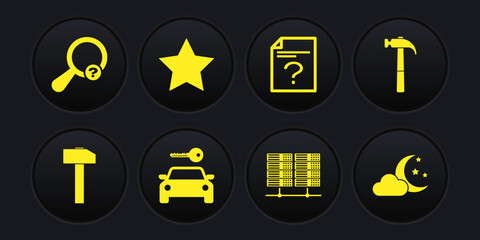 Set Hammer, , Car rental, Server, Data, Web Hosting, Unknown document and Star icon. Vector