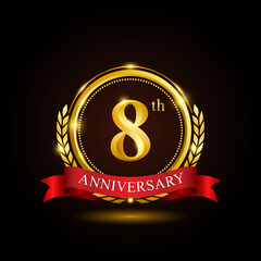8th golden anniversary template design, with shiny ring and red ribbon, laurel wreath isolated on black background, logo vector