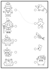 Halloween black and white matching activity with cute kawaii witch, owl, cat, monster. Autumn holiday line puzzle with cauldron, mouse, frog. Match the objects game. All saints day coloring page.