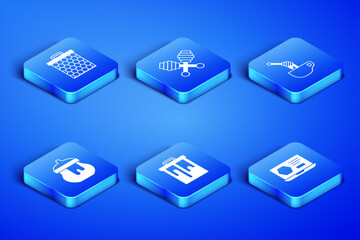 Set Honey online service, Honeycomb, Jar of honey, dipper stick and with icon. Vector