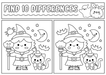 Halloween black and white find differences game for children. Attention skills line activity with cute witch, black cat. Puzzle for kids or coloring page. Printable what is different worksheet.