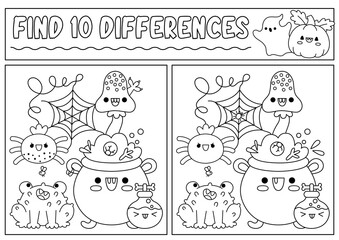 Halloween black and white find differences game for children. Attention skills line activity with cauldron, frog, potion. Puzzle for kids or coloring page. Printable what is different worksheet.