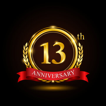 13th golden anniversary template design, with shiny ring and red ribbon, laurel wreath isolated on black background, logo vector