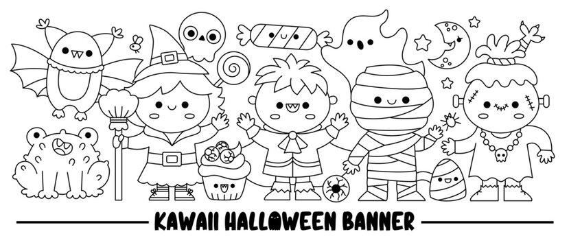 Halloween black and white horizontal banner with cute kawaii characters for kids. Vector line witch standing with vampire, mummy, bat, frog, ghost. Funny trick or treat coloring page.
