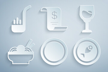 Set Plate, Wine glass, Asian noodles bowl, Served fish on plate, Paper or financial check and Kitchen ladle icon. Vector