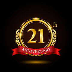21th golden anniversary template design, with shiny ring and red ribbon, laurel wreath isolated on black background, logo vector