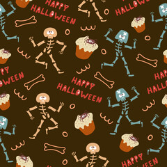 Seamless pattern for Halloween holiday with cute skeleton and bones. Childish background for fabric, wrapping paper, textile, wallpaper. Vector Illustration