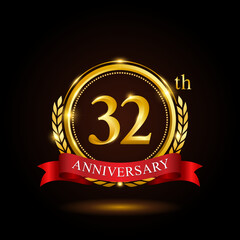 32th golden anniversary template design, with shiny ring and red ribbon, laurel wreath isolated on black background, logo vector
