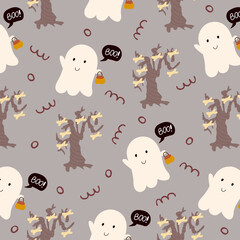 Seamless pattern for Halloween holiday with cute cartoon ghost and bones. Childish background for fabric, wrapping paper, textile, wallpaper. Vector Illustration