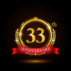 33th golden anniversary template design, with shiny ring and red ribbon, laurel wreath isolated on black background, logo vector