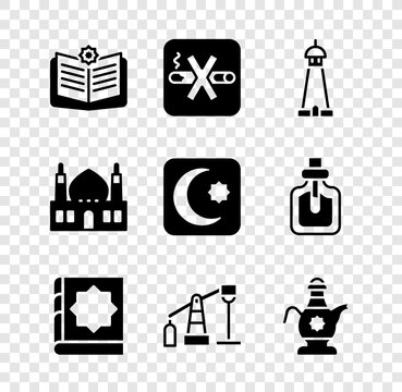 Set Holy book of Koran, No Smoking, Mosque tower minaret, Oil pump pump jack, Islamic teapot, Muslim and Star and crescent icon. Vector