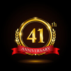 41th golden anniversary template design, with shiny ring and red ribbon, laurel wreath isolated on black background, logo vector