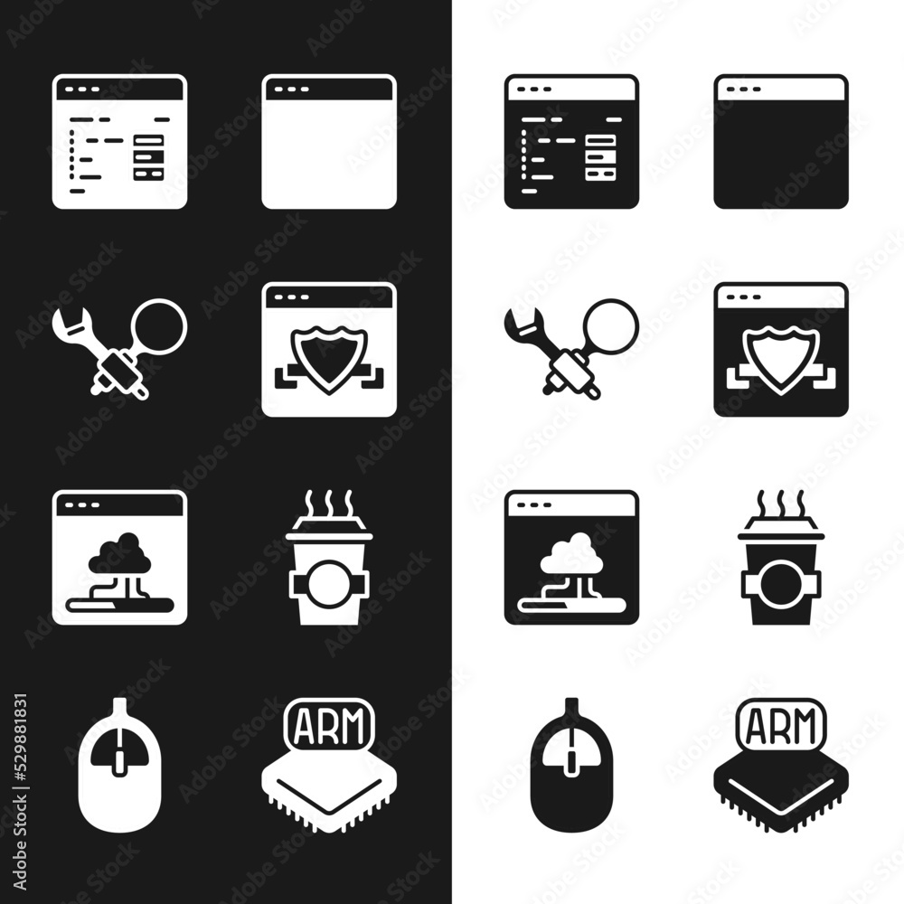 Poster set browser with shield, debugging, software, window, cloud technology data transfer, coffee cup to 
