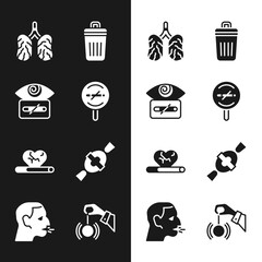 Fototapeta na wymiar Set No smoking, Hypnosis, Disease lungs, Trash can, Heart disease with, Candy, and Man coughing icon. Vector