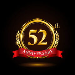 52th golden anniversary template design, with shiny ring and red ribbon, laurel wreath isolated on black background, logo vector