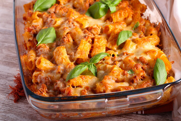 Macaroni and mincemeat gratin