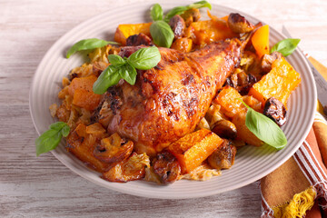 Roast turkey leg with vegetables