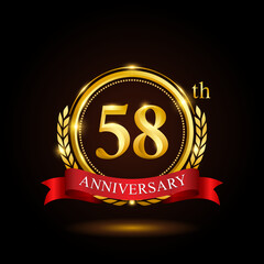 58th golden anniversary template design, with shiny ring and red ribbon, laurel wreath isolated on black background, logo vector