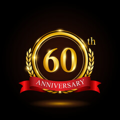 60th golden anniversary template design, with shiny ring and red ribbon, laurel wreath isolated on black background, logo vector