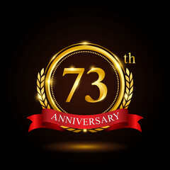 73th golden anniversary template design, with shiny ring and red ribbon, laurel wreath isolated on black background, logo vector