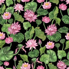 Tuinposter Pattern lotus flowers and leaves on a dark background © Ольга Рудакова