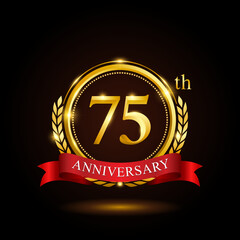 75th golden anniversary template design, with shiny ring and red ribbon, laurel wreath isolated on black background, logo vector