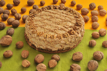 Homemade cake with walnuts.