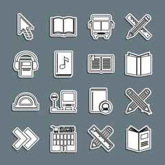 Set line Open book, Crossed pencil, Bus, Audio, Pixel arrow cursor and icon. Vector